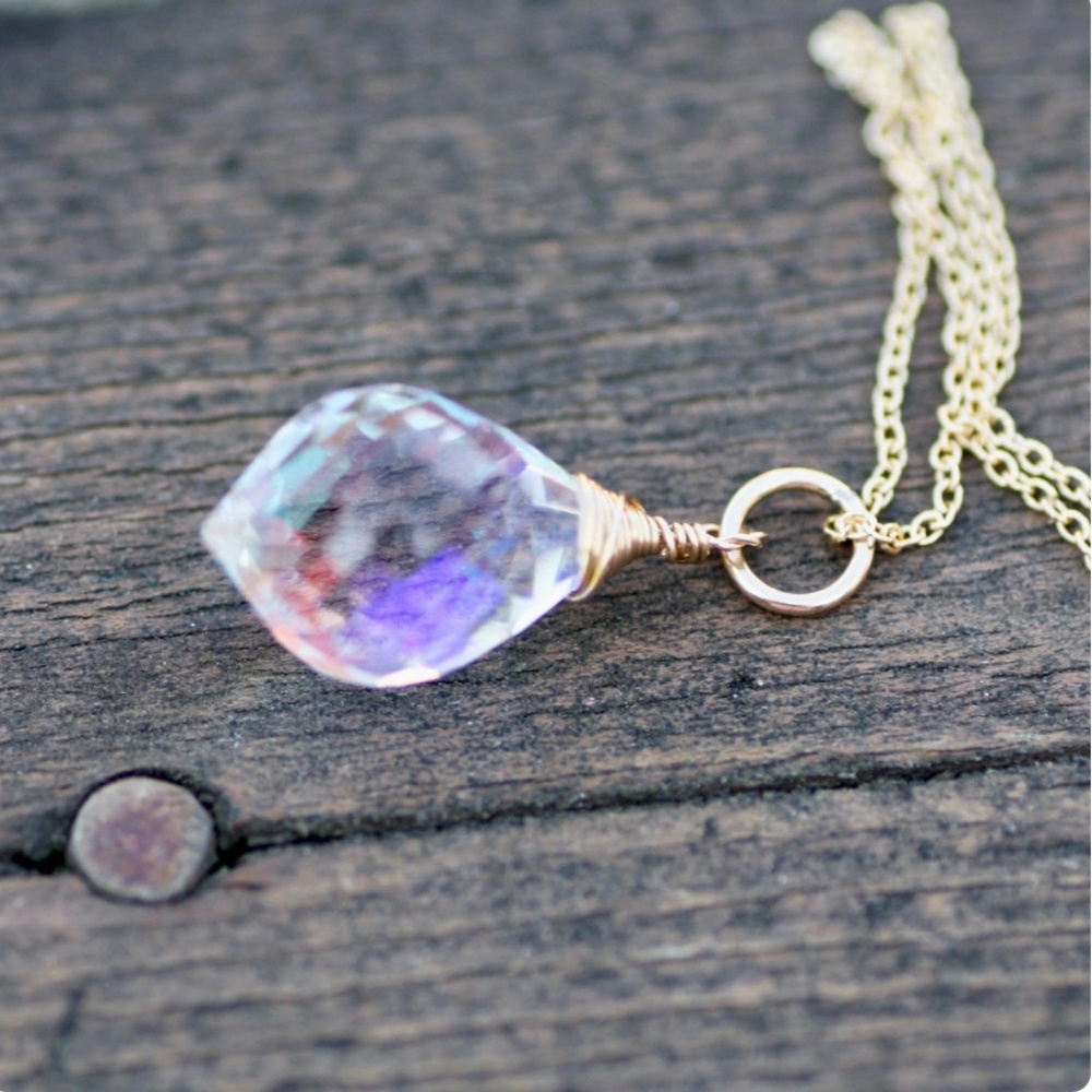 Rainbow Moonstone Briolette Pendant 14k Yellow Gold Filled, Wire Wrapped